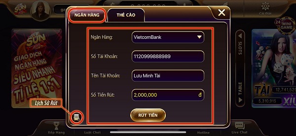 Các trạng thái giao dịch trong lịch sử rút tiền Sunwin
